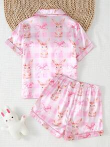 女童优雅简约粉色蝴蝶结兔子印花紫色格子短袖短裤睡衣套装 - 彩色 - 查看 2