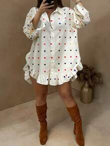 Vionelle Plus Size Women Valentine's Day Heart Print Ruffle Hem Long Sleeve Blouse, Spring/Autumn - Apricot - View 6