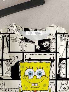 SpongeBob SquarePants | SHEIN 小男孩夏季休闲街头卡通拼布印花短袖T恤 - 白色 - 查看 4