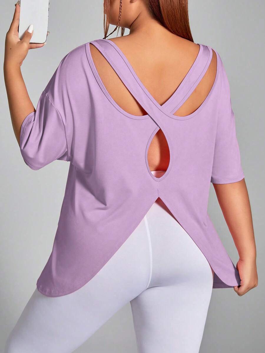 SHEIN Rhythm Era Áo thun thể thao tay ngắn hở lưng màu trơn cỡ lớn - Màu tím hoa cà - Xem 1