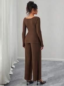 SHEIN Elegant Casual Loose Camel Ribbed Knit Top And Pants Maternity Two Pieces Set, Suitable For Commuting In Spring And Autumn - Coffee Brown - View 2