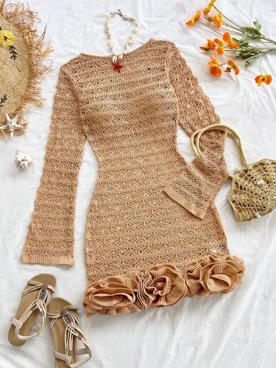 Soleia Women's Solid Color Hollow-Out Backless Knit Mini Dress, Beach Vacation Outfit, Spring/Summer, Bohemian Style, Suitable For Layering In Autumn/Winter