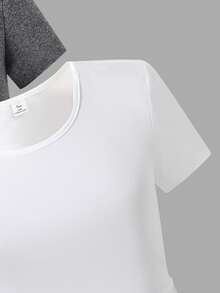 SHEIN ChillGRL Bộ 3 áo thun tay ngắn dệt kim màu trơn đơn giản, thanh lịch, có nút thắt eo, phối đồ đa năng, phù hợp cho thanh thiếu niên và phụ nữ, nhiều màu sắc, ngày lễ tình nhân - Màu xám đen - Xem 3