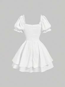 SHEIN MOD Solid Frill Trim Ruched Bust Ruffle Hem White Cap Sleeves Double Hem Skort Romper - White - View 3