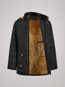 Officeau Men's Winter Padded Coat, Thermal Lined, Thickened Padded Coat With Fur Collar And Hooded Zipper - Black - View 1