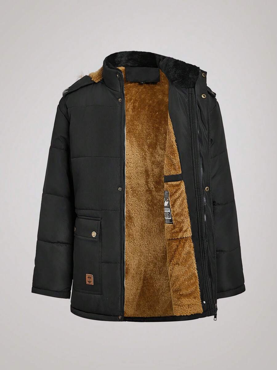 Officeau Men's Winter Padded Coat, Thermal Lined, Thickened Padded Coat With Fur Collar And Hooded Zipper - Black - View 1