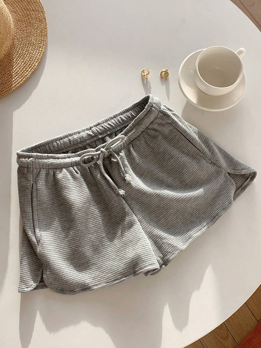 SHEIN EZwear Women'S Solid Color Drawstring Waist Shorts - Grey - View 1