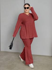 SHEIN Essnce Conjunto de dos piezas de mujer talla grande de otoño e invierno, cómodo y suelto, con sudadera de manga larga y pantalones de tela cepillada cálida en color albaricoque, ropa de mujer de otoño, conjunto de pantalones, conjuntos de atuendos, atuendos de aeropuerto, conjunto de invierno, conjunto de felpa - Rojo violeta - Ver 3