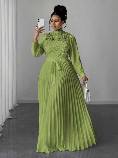 Maweii Plus Size Women Elegant Patchwork Waist Cinched Long Dress