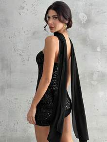 Firerie Váy ngắn bó sát không dây, chất liệu vải bóng màu nâu sequin sang trọng mới dành cho nữ, thời trang mùa thu, váy dự tiệc cưới, trang phục câu lạc bộ, trang phục đi chơi - màu đen - Xem 3