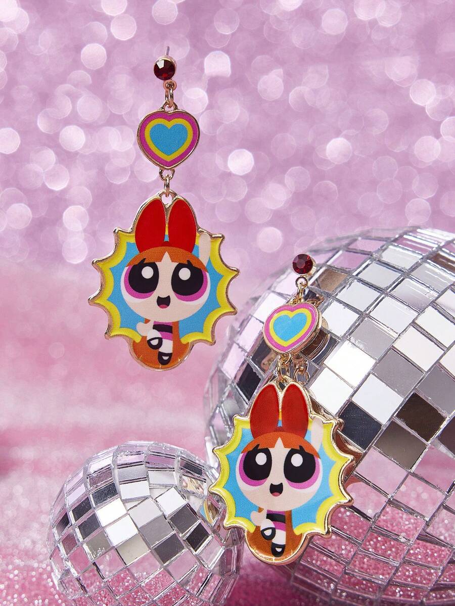 THE POWERPUFF GIRLS X SHEIN 1对时尚卡通元素休闲可爱耳环，奢华小众，适合各种派对、音乐会/节日场合 - 金色 - 查看 1