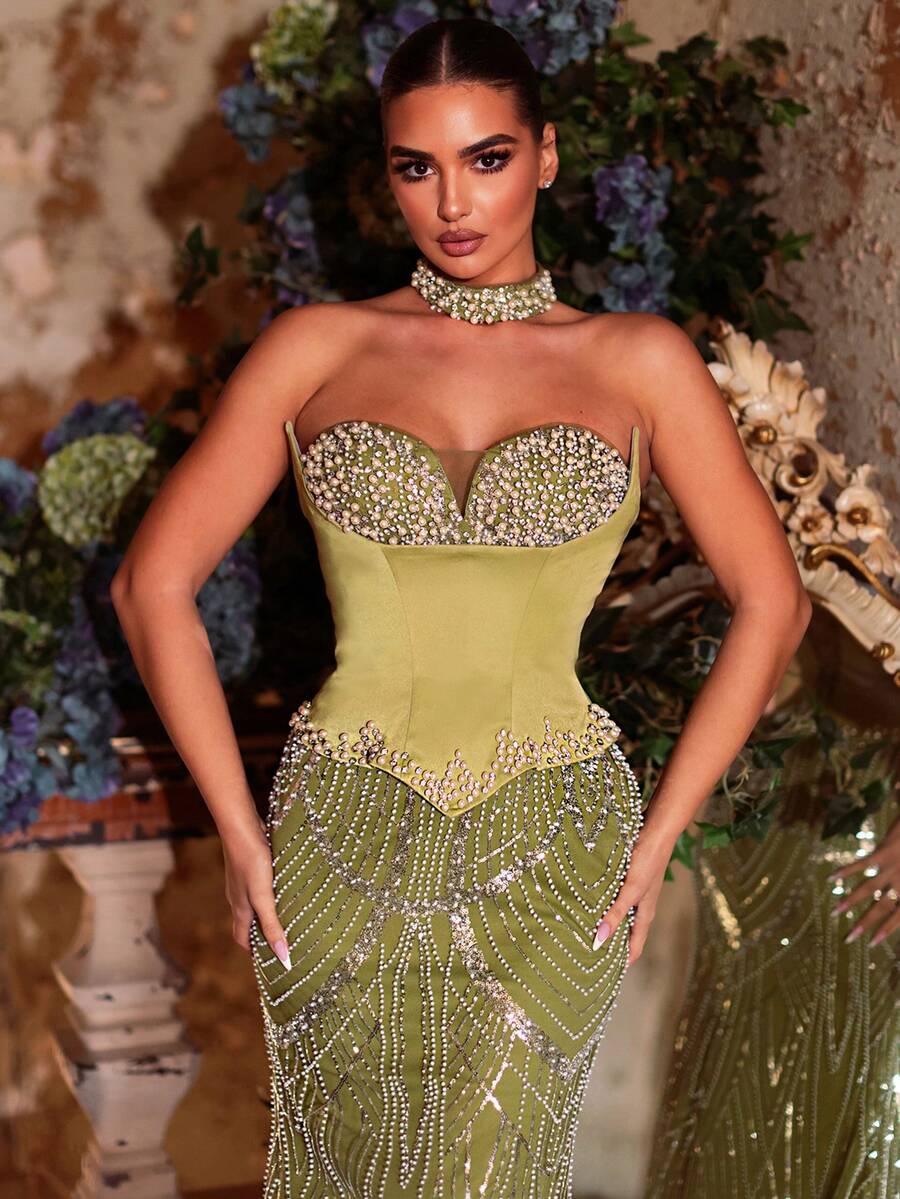 Glamrae Váy đuôi cá hở vai đính cườm và sequin sang trọng, thanh lịch, 2 trong 1, thích hợp cho đám cưới, tiệc tùng, kỳ nghỉ, dạ hội, váy dạ hội (được tô điểm nhiều) - màu xanh lá - Xem 1
