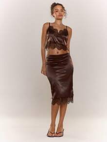MUSERA Chân váy midi cạp thấp bằng satin viền ren, kiểu dáng suông, thích hợp đi chơi, dạo phố, dễ thương, gợi cảm, dự tiệc đêm, mát mẻ mùa hè. - Cà phê nâu - Xem 1
