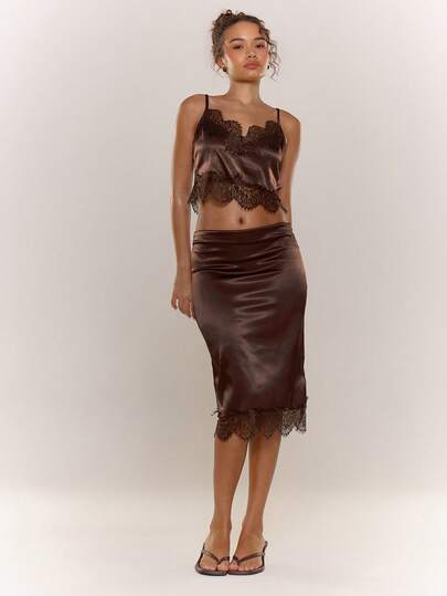 MUSERA Low Waist Satin Lace Trim Midi Skirt Autumn Flowy Fall Winter Christmas Going Out Casual Cute Sexy Night Out Party Cool