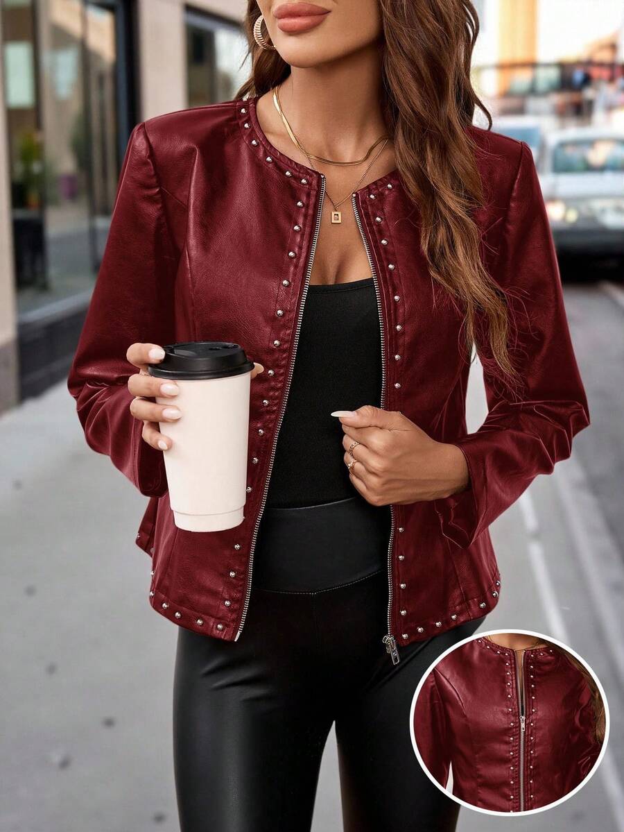 SHEIN Clasi Elegant Women's PU Round Neck Long Sleeve Studded Jacket In Fall/Winter - Red - View 1