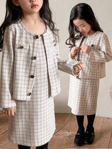 DAZY 2pcs Girls Plaid Jacket + Slim Fit Suspender Dress Set, Young Girl Fall Outfit - Apricot - View 2