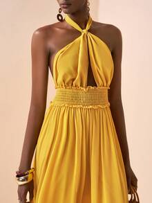 Zivah 2026 Spring/Summer New Music Festival, Easter, St. Patrick's Day, Valentine's Day, Date, Western, Nomadic, Birthday Party, Graduation, College, Student, Casual, Daily, Basic, Leisure, Vacation, Cruise, Beach, Sunbathing, Viral Hit, Streetwear, Wedding Guest, Boho, Commute, Brunch, Airport, Party, Holiday, Office, Halter Neck Tie Sleeveless Long A-Line Waist Cinched Flowy Yellow Chiffon Dress - Yellow - View 8