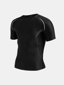 SHEIN 青少年男童百搭纯黑色修身运动服，撞色印花装饰，休闲运动风，舒适百搭，适合日常穿着、上学、户外活动、健身锻炼。 - 黑色 - 查看 4