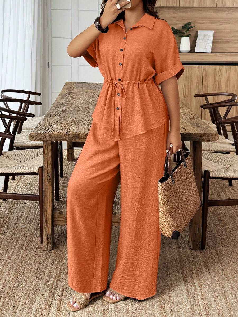 Weeklong Plus Size Vacation Casual Solid Color Drawstring Waist Shirt And Pants 2 Pieces Set - Orange - View 1