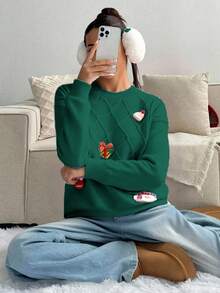 Jersey holgado de cuello redondo de manga larga tejido con decoración de árbol de Navidad 3D jacquard, beige, mujer, otoño/invierno - Verde - Ver 2