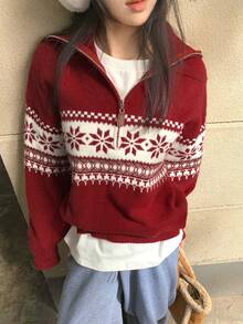 DAZY 女款復古半拉鍊高領毛衣，寬鬆慵懶套頭設計，費爾島提花圖案 - 紅色 - 查看 6