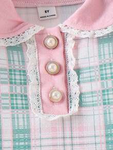 Elladie kids Tween Girls Sweet, Cute, Elegant, Academic Style Green & Pink Plaid Puff Sleeve Top Paired With Skirt Casual Minimalist T-Shirt Set