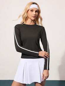 CourtClass Women's Casual Round Neck Long Sleeve Tennis Top Long Sleeve Workout Shirt Women Long Sleeve Swim Top Upf Shirt Women Black Long Sleeve Top - Black and White - View 6