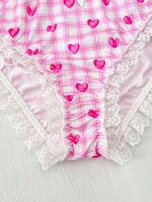 Women's Lace Patchwork Plaid & Heart Print Bow Decor Panties - Pink - View 4