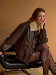 MOTF PREMIUM 女士秋冬PU仿皮宽松撞色毛领外套 - 咖啡棕 - 查看 2