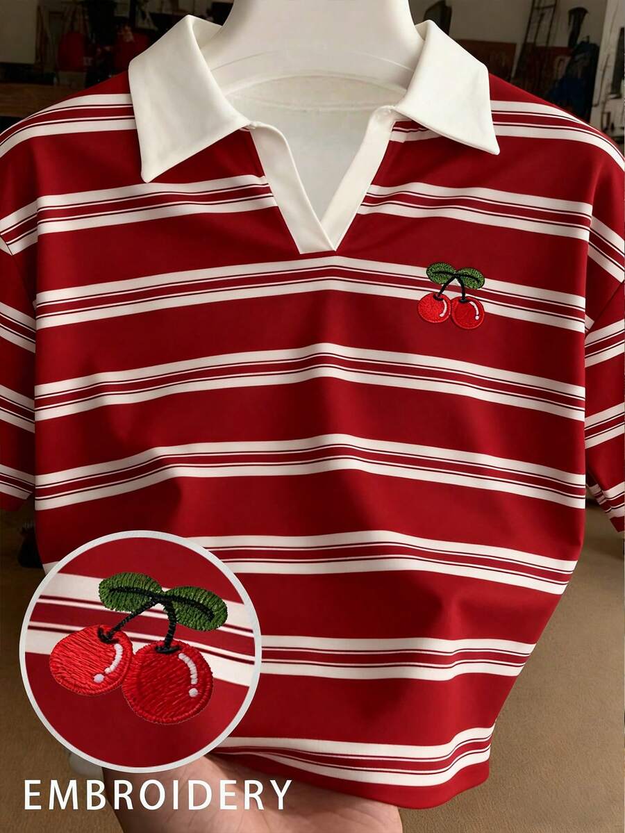 Resyla Women's Striped Cherry Embroidery Fashionable Casual Comfortable T-Shirt - White - View 1