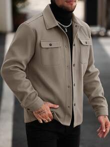 Manfinity Homme 男士纯色长袖单排扣口袋休闲羊毛混纺夹克，秋冬款 - 卡其色 - 查看 3