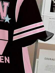 Sparklyn Tween Girls Colorblock Letter Print Loose T-Shirt,Black Pink,Summer,Streetwear,School,Back-To-School,Korean Style,Comfortable,Digit Print 67 - Multicolor - View 5