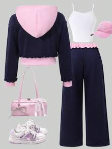 SHEIN Sparklyn Girls Outfit Sets,3pcs/Set Teen Girls Solid Color Thermal Lined Zip-Up Hoodie, Camisole And Wide Leg Pants Casual Outfit, Suitable For Daily Wear, Commuting And School,This Three-Piece Outfit For Teenage Girls Has A Casual And Sweet Style, Full Of Youthful Energy. The Top Is A Short Navy Blue Hooded Jacket, Featuring Pink Accents On The Lining, Cuffs, And Hem, With An Adorable Pink Bow Pattern On The Chest. The Inner Layer Is A Simple And Fresh White Cropped Camisole With Thin Straps. The Pants Are Loose-Fitting, Long, And Navy Blue, With A Pink Ruffled Elastic Waistband As A Cute Detail. The Whole Look Is Both Comfortable And Stylish, Making It Perfect For Everyday Casual Wear Or Outdoor Activities.