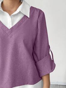 Elenzga Plus Size Casual Color Block Patchwork Shirt & Pants Set - Mauve Purple - View 3