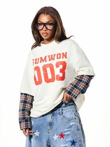 SUMWON WOMEN Áo thun họa tiết cỡ lớn với tay áo kẻ caro tương phản và hình in đậm ở mặt trước - Nhiều màu - Xem 1