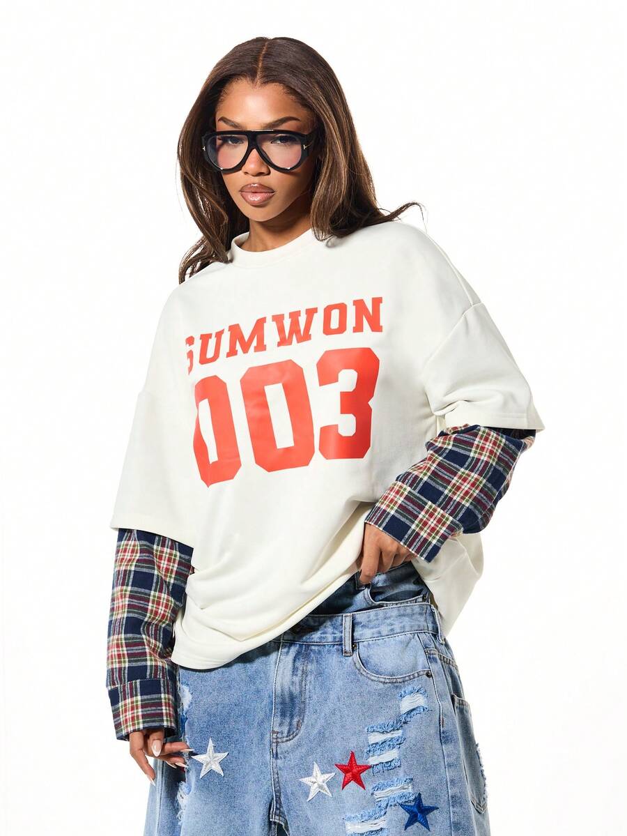 SUMWON WOMEN Áo thun họa tiết cỡ lớn với tay áo kẻ caro tương phản và hình in đậm ở mặt trước - Nhiều màu - Xem 1