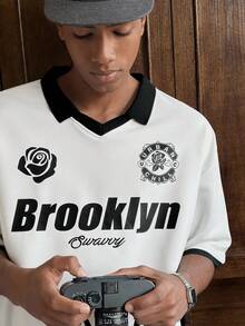 SWAVVY 男士字母印花短袖休闲宽松 Polo 衫 - 白色 - 查看 2