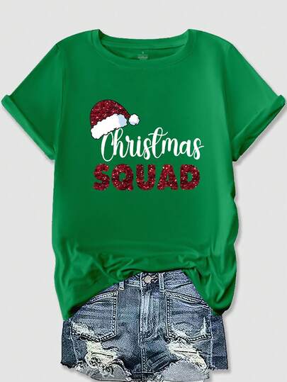 INAWLY Women's Christmas T-Shirt, 'Christmas SQUAD' Graphic Tee, Cute Christmas Casual T-Shirt Round Neck Short Sleeved To