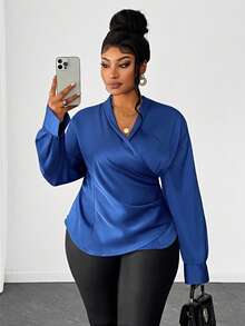 Maweii Große Größen Damen Sexy Herbst/Winter Drapierter Ausschnitt Überschneidende Pullover Bluse, Tiefer Drapierter Ausschnitt, Elegant, Geeignet für Arbeit und Alltag, Langarm, Plissiert, Satin - Blau - Übersicht 3