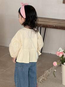 DAZY Blusa casual de cuello redondo de unicolor con volantes en el bajo para niñas pequeñas, primavera/otoño - Albaricoque - Ver 2