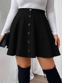 EMERY ROSE Plus Size Women Casual Solid Color Skirt - Black - View 1