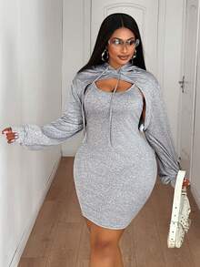 Maweii 大码女式纯色长袖抽绳连帽卫衣和吊带连衣裙休闲两件套 - 灰色 - 查看 7