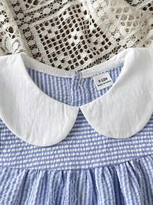 SHEIN Váy không tay cổ Peter Pan họa tiết kẻ sọc dễ thương, màu sắc tương phản dành cho bé gái, thích hợp cho các buổi đi chơi mùa xuân/hè, tụ tập, tiệc tùng, kỳ nghỉ và mặc hàng ngày - Màu xanh lam - Xem 6