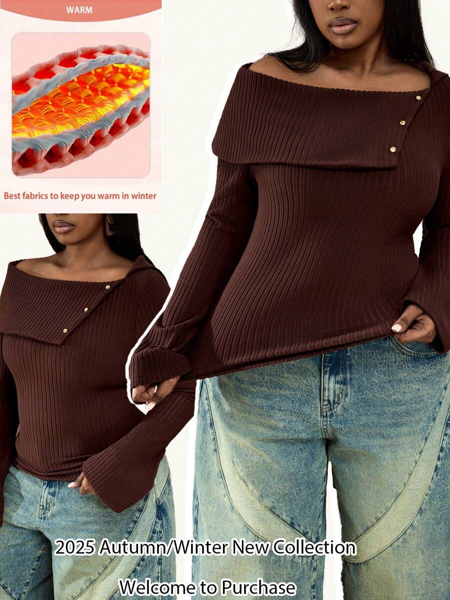 Truni Plus Size Women's Oblique Shoulder T-Shirt,Large Collar Metal Buckle Stretchy Knit Top,Brown,Autumn,Elegant,Night Out Club,Pear Triangle - Brown - View 1