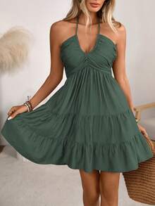 EMERY ROSE 女士春夏单竹结亚麻度假沙滩连衣裙，波西米亚西部风褶皱胸部多层蛋糕裙A字露背可调节挂脖蝴蝶结连衣裙 - 墨綠色 - 查看 4