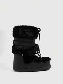 CUCCOO SZL Women Shoes Autumn And Winter New Warm Inner Height Increase Comfortable Bow Straps Moon Boots Round Toe Flat Bottom Casual Hot Girl Wind Fluff Black Snow Boots Outside Wear Snow Women - Black - View 5