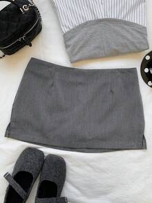 Comfortcana Women's Solid Color Slit Simple Fitted Skirt, Casual Daily Wear - Grey - View 5