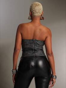 Denimoi Faux Leather Tube Top With Cut Out Detail, Fashionable, Faux Leather Tops, Going Out Tops, GNO - Black - View 5