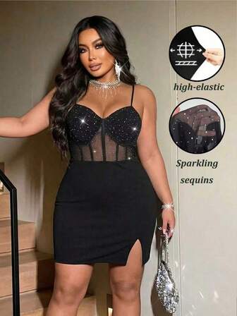 NU&NOW Plus Size Women's Sexy Party Dress, Shiny Sequin Mesh Sheer Spaghetti Strap Bodycon Mini Dress, Spring/Summer