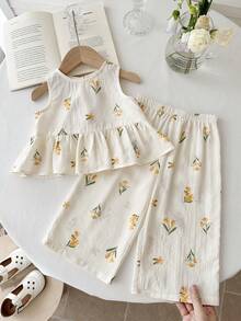 LMoss Kids 2件套女婴碎花编织休闲上衣和裤子套装 - 彩色 - 查看 2